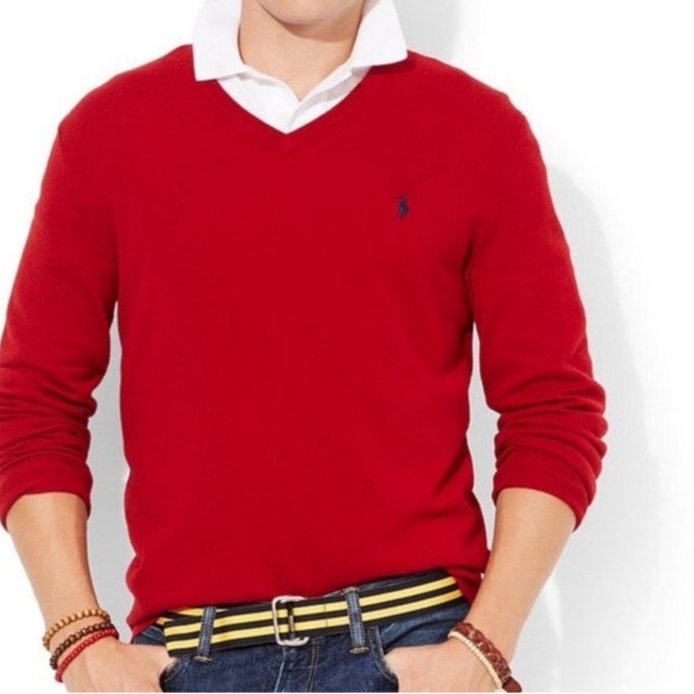 Ralph Lauren Fine Merino Wool Red V-Neck Sweater